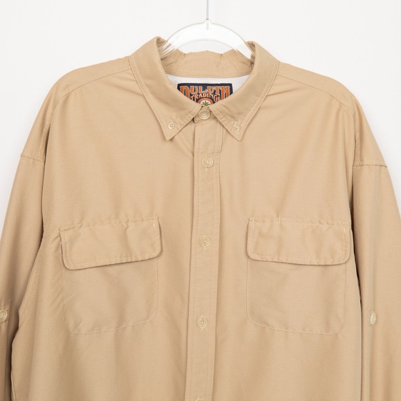 Duluth Trading Co. Button Up Shirt Roll Tab Long Sleeve Relaxed Fit Men Beige - Picture 3 of 12
